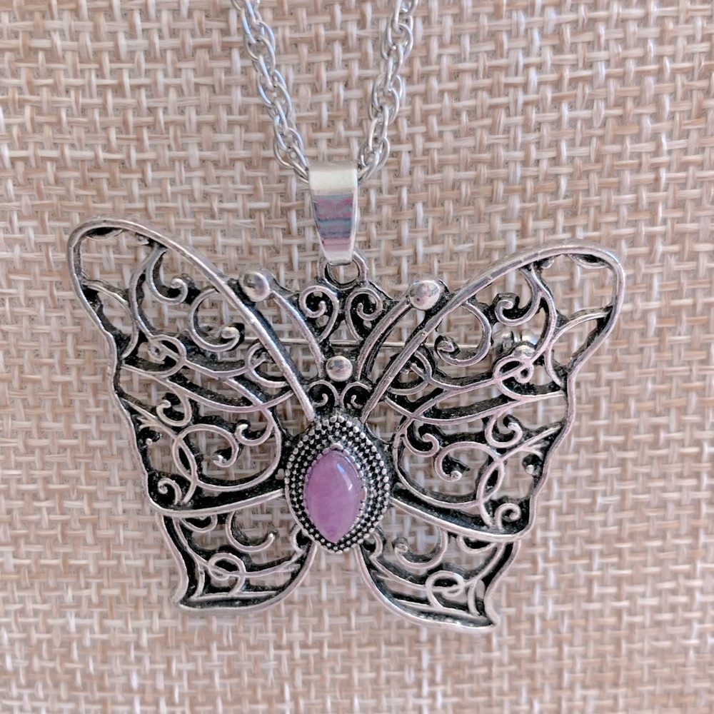 Cottagecore Butterfly Silver Tone Open Work Brooch/Pendant Necklace - Picture 1 of 4